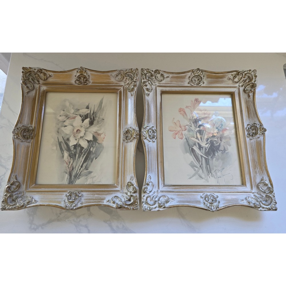 Vintage City of Paris Floral Watercolor Prints Ornate Gold Cream Frames Set of 2